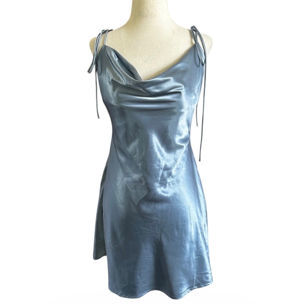 Cider Women's Blue Satin Cowl Neck Slip Mini Dress Size Medium | 0137